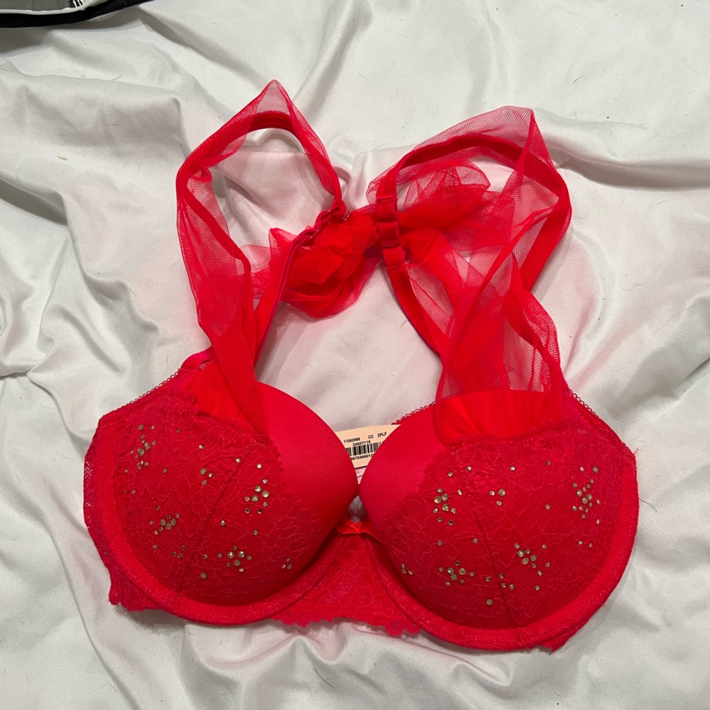 32C red VS bow back crystal embellished bra